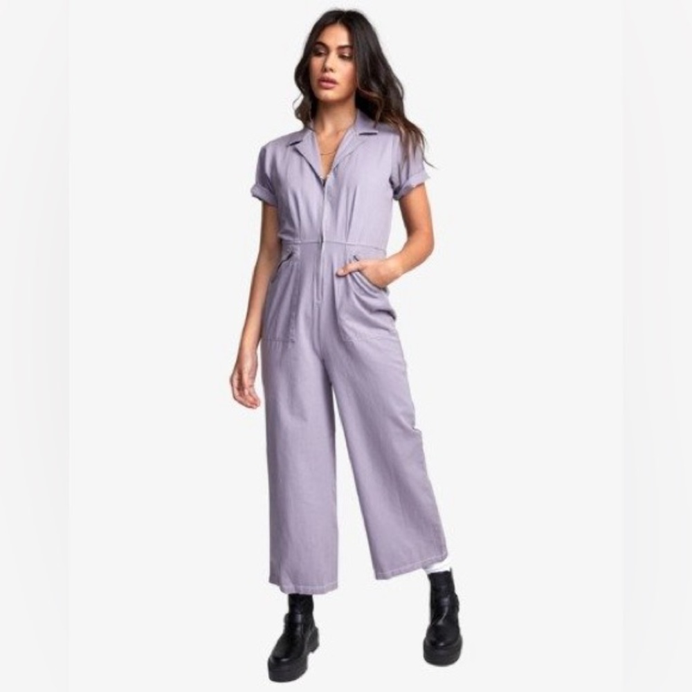 RVCA Purple Jumpsuit with Relaxed Fit and Cropped Wide-Leg